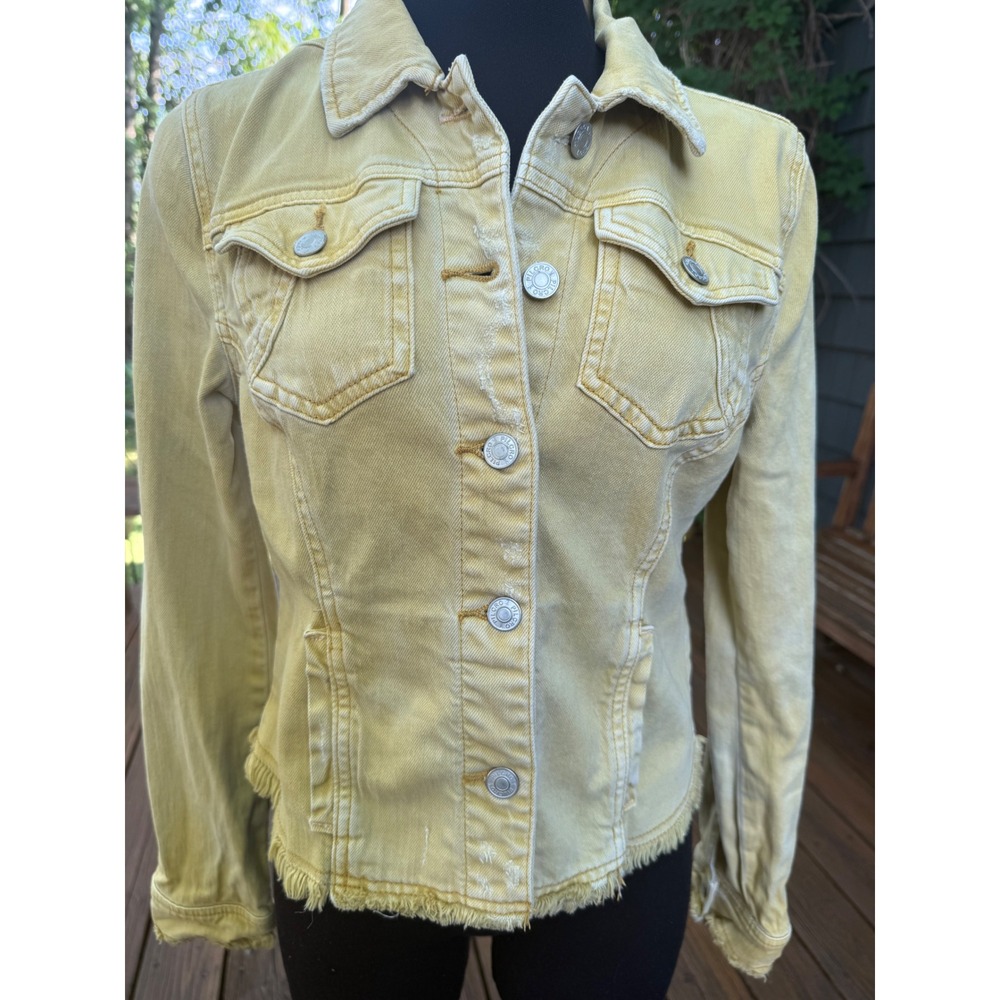 Anthropologie Pilcro Mustard Yellow Denim Jacket Frayed Hem Stretch Small